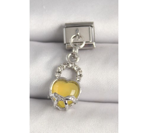 316L Çelik Gümüş Renk Zirkon Taşlı Sarı Kilit Kalp Model Nomination Charm - TJ-BC1311