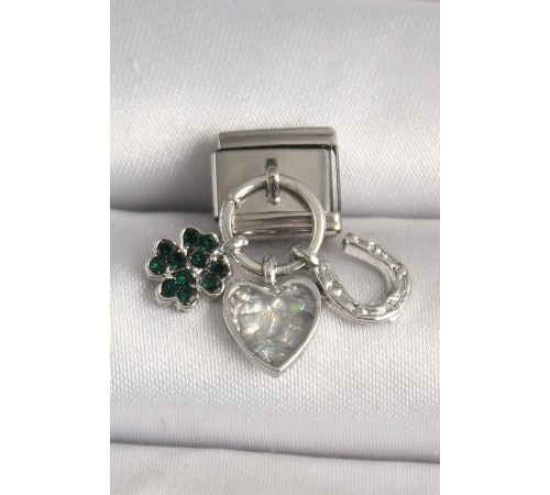 316L Çelik Gümüş Renk Zirkon Taşlı Kalp Yonca Nal Model Nomination Charm - TJ-BC1314