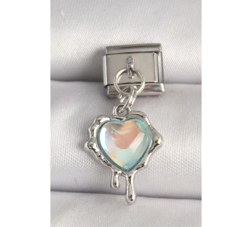 316L Çelik Gümüş Renk Mavi Hologram Mineli Eriyen Kalp Model Nomination Charm - TJ-BC1315