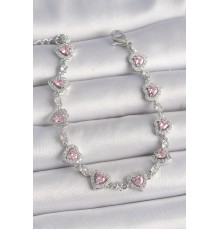 Pirinç Gümüş Renk Zirkon Taşlı Pembe Kalp Model VIP Seri Kadın Bileklik - TJ-BB6914