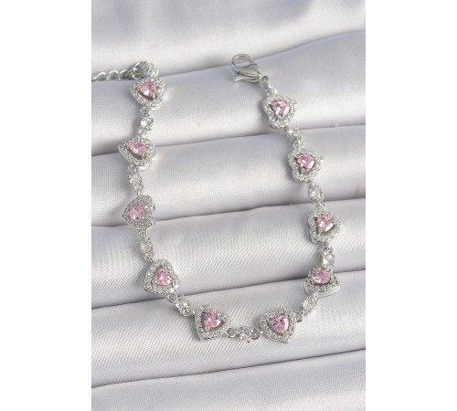 Pirinç Gümüş Renk Zirkon Taşlı Pembe Kalp Model VIP Seri Kadın Bileklik - TJ-BB6914