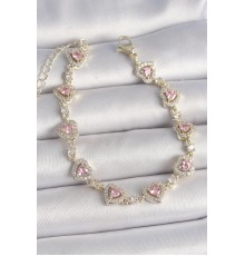 Pirinç Gold Renk Pembe Zirkon Taşlı Kalp Model VIP Seri Kadın Bileklik - TJ-BB6915