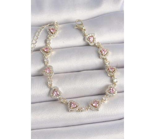 Pirinç Gold Renk Pembe Zirkon Taşlı Kalp Model VIP Seri Kadın Bileklik - TJ-BB6915