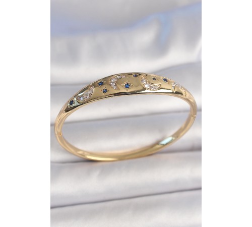 Pirinç Gold Renk Zirkon Taşlı Hilal İşleme Mavi Taşlı Yıldız Detay Kadın Kelepçe - TJ-BB6920