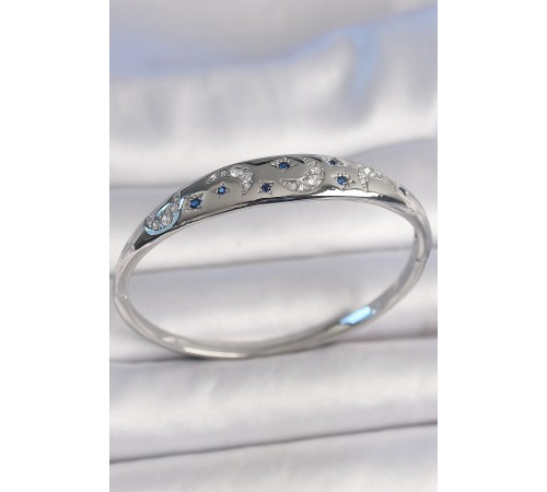 Pirinç Gümüş Renk Zirkon Taşlı Hilal İşlemeli Mavi Taşlı Yıldız Detay Kadın Kelepçe - TJ-BB6921