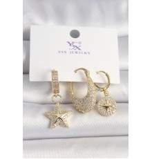 Pirinç Gold Renk Zirkon Taşlı Sallantı Yıldız Model Kutup Yıldız İşleme Detay 3'Lü Kadın Küpe - TJ-BKP10431