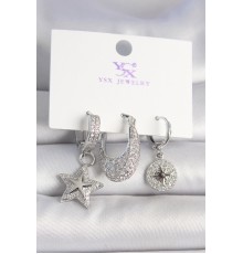 Pirinç Gümüş Renk Zirkon Taşlı Yıldız Model Kutup Yıldız İşleme Detay 3'Lü Kadın Kombin Küpe - TJ-BKP10432