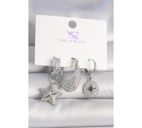 Pirinç Gümüş Renk Zirkon Taşlı Yıldız Model Kutup Yıldız İşleme Detay 3'Lü Kadın Kombin Küpe - TJ-BKP10432