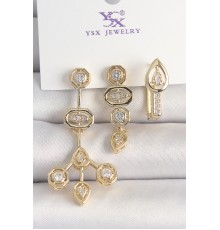 Pirinç Gold Renk Zirkon Taşlı Geometrik Model 3'Lü Kadın Kombin Küpe - TJ-BKP10433