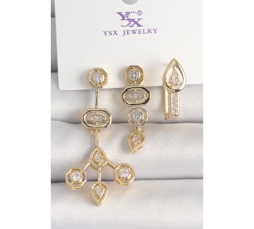 Pirinç Gold Renk Zirkon Taşlı Geometrik Model 3'Lü Kadın Kombin Küpe - TJ-BKP10433