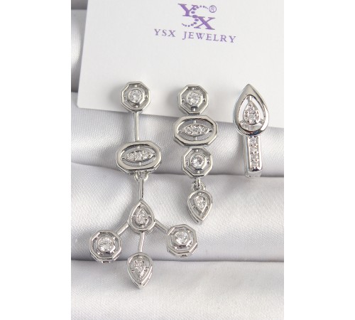 Pirinç Gümüş Renk Zirkon Taşlı Geometrik Model 3'Lü Kadın Kombin Küpe - TJ-BKP10434