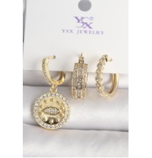 Pirinç Gold Renk Zirkon Taşlı Göz İşlemeli Model 3'Lü Kadın Kombin Küpe - TJ-BKP10435