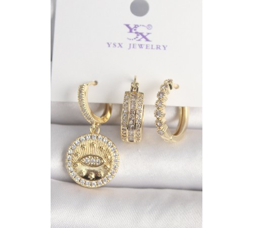 Pirinç Gold Renk Zirkon Taşlı Göz İşlemeli Model 3'Lü Kadın Kombin Küpe - TJ-BKP10435