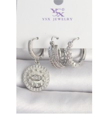 Pirinç Gümüş Renk Zirkon Taşlı Göz İşlemeli Halka Model 3'Lü Kadın Kombin Küpe - TJ-BKP10436