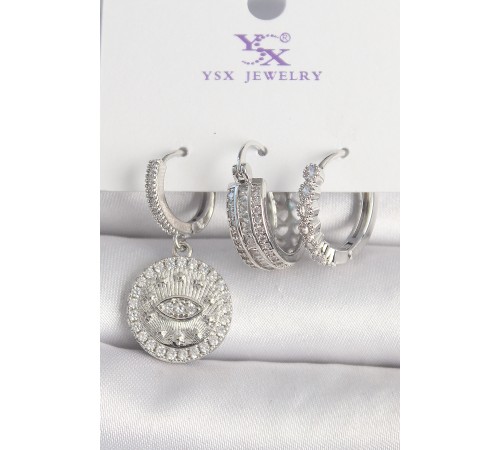 Pirinç Gümüş Renk Zirkon Taşlı Göz İşlemeli Halka Model 3'Lü Kadın Kombin Küpe - TJ-BKP10436