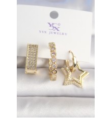 Pirinç Gold Renk Zirkon Taşlı Yıldız Figür Halka Model 3'Lü Kadın Kombin Küpe - TJ-BKP10437
