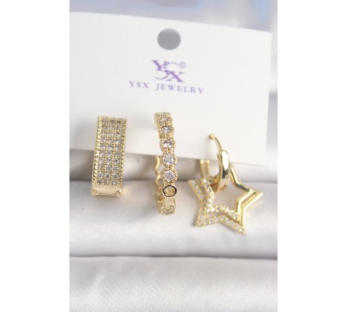 Pirinç Gold Renk Zirkon Taşlı Yıldız Figür Halka Model 3'Lü Kadın Kombin Küpe - TJ-BKP10437
