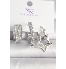 Pirinç Gümüş Renk Zirkon Taşlı Yıldız Figür Halka Model 3'Lü Kadın Kombin Küpe - TJ-BKP10438