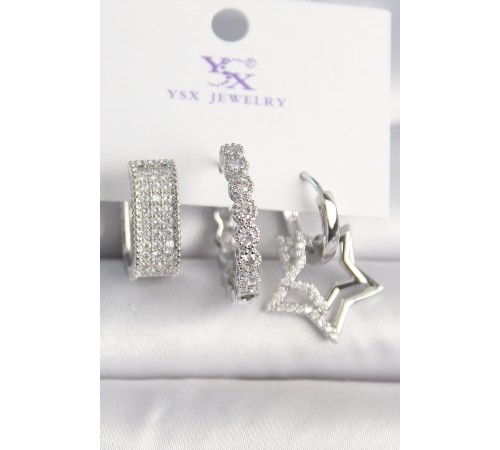 Pirinç Gümüş Renk Zirkon Taşlı Yıldız Figür Halka Model 3'Lü Kadın Kombin Küpe - TJ-BKP10438