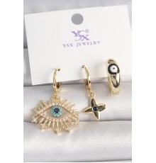 Pirinç Gold Renk Zirkon Taşlı Göz Figür Nazar Boncuk Detay 3'Lü Kadın Kombin Küpe - TJ-BKP10439