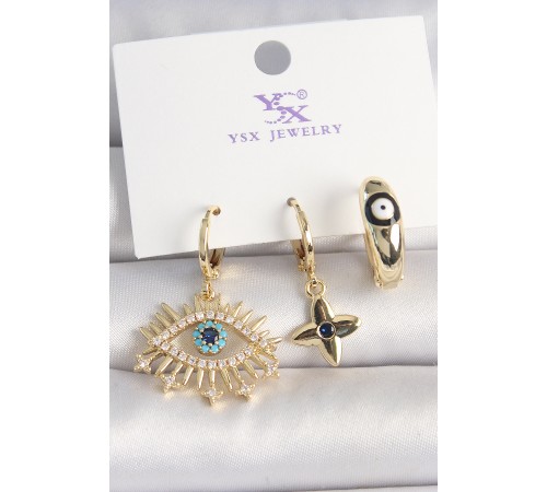 Pirinç Gold Renk Zirkon Taşlı Göz Figür Nazar Boncuk Detay 3'Lü Kadın Kombin Küpe - TJ-BKP10439