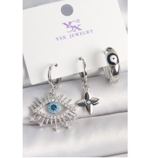 Pirinç Gümüş Renk Zirkon Taşlı Göz Model Nazar Boncuk Detay 3'Lü Kadın Kombin Küpe - TJ-BKP10440