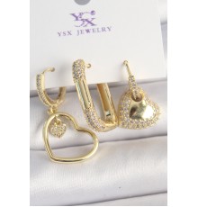 Pirinç Gold Renk Zirkon Taşlı Sallantı Kalp Model 3'Lü Kadın Kombin Küpe - TJ-BKP10441