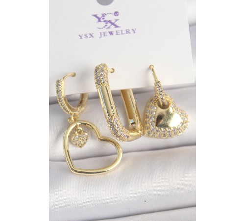 Pirinç Gold Renk Zirkon Taşlı Sallantı Kalp Model 3'Lü Kadın Kombin Küpe - TJ-BKP10441