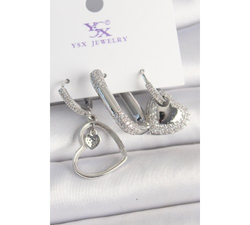 Pirinç Gümüş Renk Sallantı Zirkon Taşlı Kalp Model 3'Lü Kadın Kombin Küpe - TJ-BKP10442