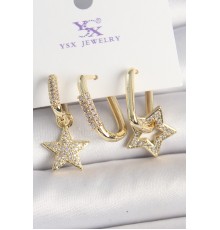 Pirinç Gold Renk Sallantı Zirkon Taşlı Yıldız Model 3'Lü Kadın Kombin Küpe - TJ-BKP10443