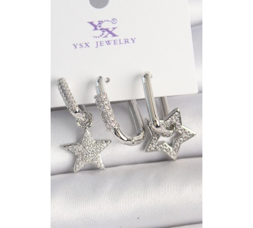 Pirinç Gümüş Renk Sallantı Zirkon Taşlı Yıldız Model 3'Lü Kadın Kombin Küpe - TJ-BKP10444