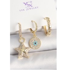 Pirinç Gold Renk Zirkon Taşlı Sallantı Yıldız Model Nazar Boncuk Detay 3'Lü Kadın Kombin Küpe - TJ-BKP10445