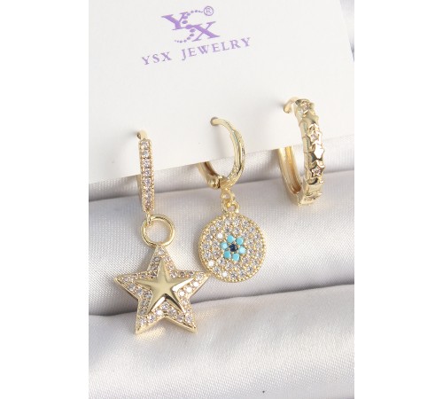 Pirinç Gold Renk Zirkon Taşlı Sallantı Yıldız Model Nazar Boncuk Detay 3'Lü Kadın Kombin Küpe - TJ-BKP10445