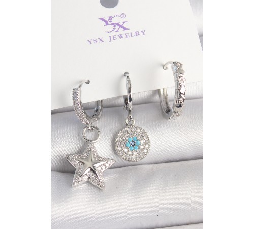 Pirinç Gold Renk Zirkon Taşlı Yıldız Model Nazar Boncuk Detay 3'Lü Kadın Kombin Küpe - TJ-BKP10446