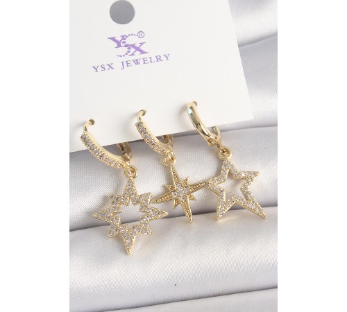 Pirinç Gold Renk Zirkon Taşlı Yıldız Model 3'Lü Kadın Kombin Küpe - TJ-BKP10447