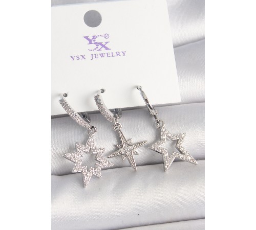 Pirinç Gümüş Renk Zirkon Taşlı Yıldız Model 3'Lü Kadın Kombin Küpe - TJ-BKP10448