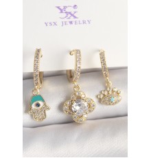 Pirinç Gold Renk Zirkon Taşlı Fatma Ana El Yonca Figür Göz Detay 3'Lü Kadın Kombin Küpe - TJ-BKP10449