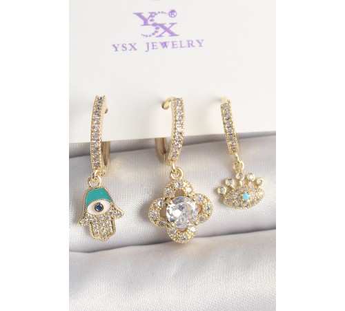 Pirinç Gold Renk Zirkon Taşlı Fatma Ana El Yonca Figür Göz Detay 3'Lü Kadın Kombin Küpe - TJ-BKP10449