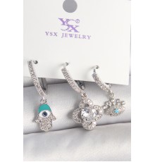 Pirinç Gümüş Renk Zirkon Taşlı Fatma Ana Yonca Figür Göz Detay 3'Lü Kadın Kombin Küpe - TJ-BKP10450