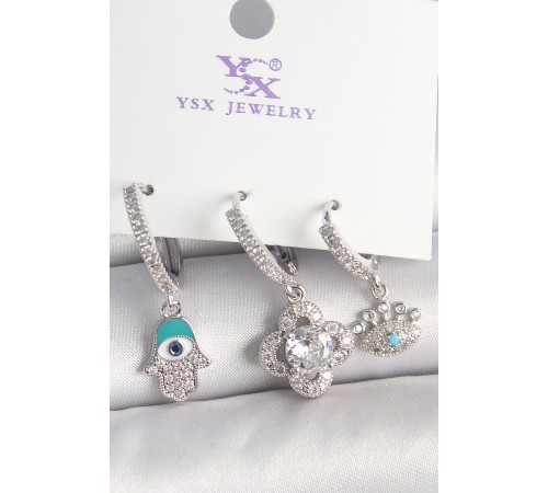 Pirinç Gümüş Renk Zirkon Taşlı Fatma Ana Yonca Figür Göz Detay 3'Lü Kadın Kombin Küpe - TJ-BKP10450