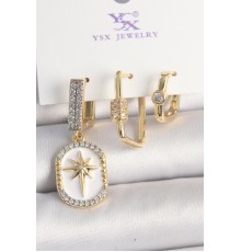 Pirinç Gold Renk Sallantı Zirkon Taş İşlmeli Yıldız Portre Model 3'Lü Kadın Kombin Küpe - TJ-BKP10452