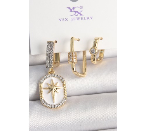 Pirinç Gold Renk Sallantı Zirkon Taş İşlmeli Yıldız Portre Model 3'Lü Kadın Kombin Küpe - TJ-BKP10452