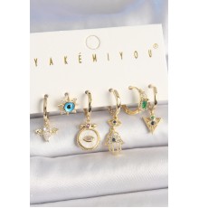 Pirinç Gold Renk Zirkon Taşlı Fatma Ana El Figür Nazar Boncuk Detay 6'Lı Kadın Kombin Küpe - TJ-BKP10453