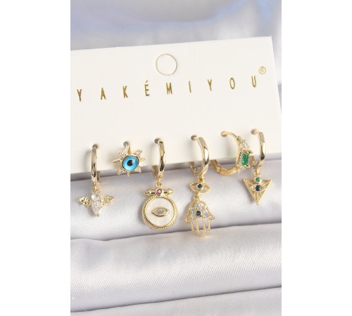 Pirinç Gold Renk Zirkon Taşlı Fatma Ana El Figür Nazar Boncuk Detay 6'Lı Kadın Kombin Küpe - TJ-BKP10453