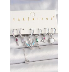 Pirinç Gümüş Renk Zirkon Taşlı Kuş Figür Çiçek Detay 6'Lı Kadın Kombin Küpe - TJ-BKP10454