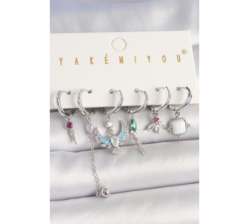 Pirinç Gümüş Renk Zirkon Taşlı Kuş Figür Çiçek Detay 6'Lı Kadın Kombin Küpe - TJ-BKP10454