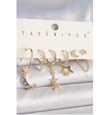 Pirinç Gold Renk Zirkon Taşlı Yıldız Model Hilal Detay 6'Lı Kadın Kombin Küpe - TJ-BKP10455