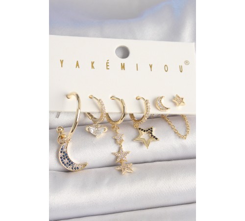 Pirinç Gold Renk Zirkon Taşlı Yıldız Model Hilal Detay 6'Lı Kadın Kombin Küpe - TJ-BKP10455