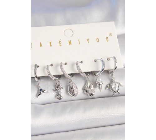 Pirinç Gümüş Renk Zirkon Taşlı Deniz Kabuğu Model Kaplumbağa Detay Kadın Küpe Kombin - TJ-BKP10456