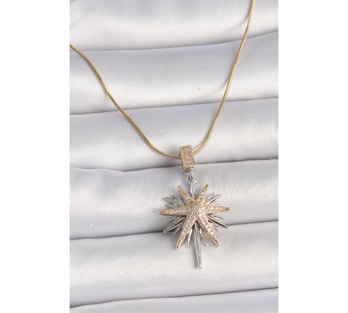 316L Çelik Gold Renk Gümüş Zirkon Taşlı Yıldız Model Kadın Kolye - TJ-BKO10007